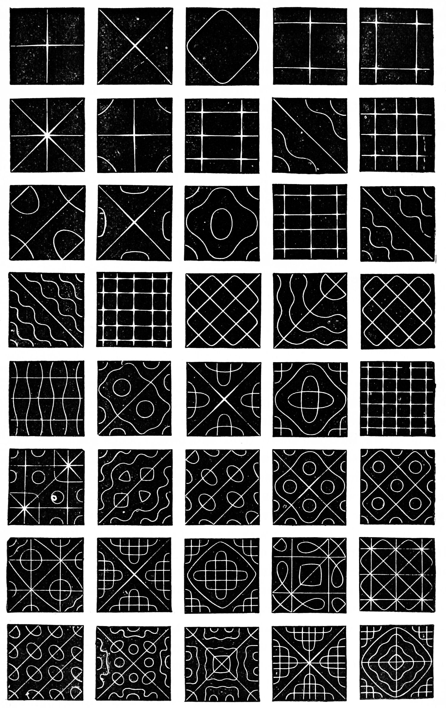 An image of Chladni plates - designs created by sound waves moving sand across metal places as they oscillate